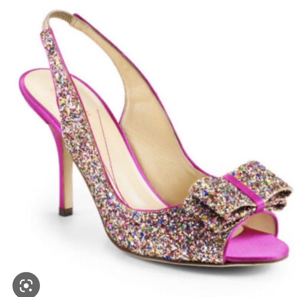 Kate Spade Charm Multi/ sparkle glitter hot pink satin heels